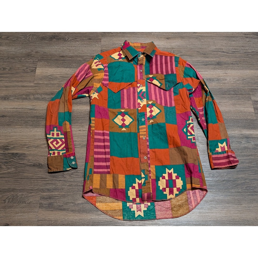 Wrangler Cowboy Cut Aztec Patchwork Western Shirt Mens 15-33 Medium Vintage 90s